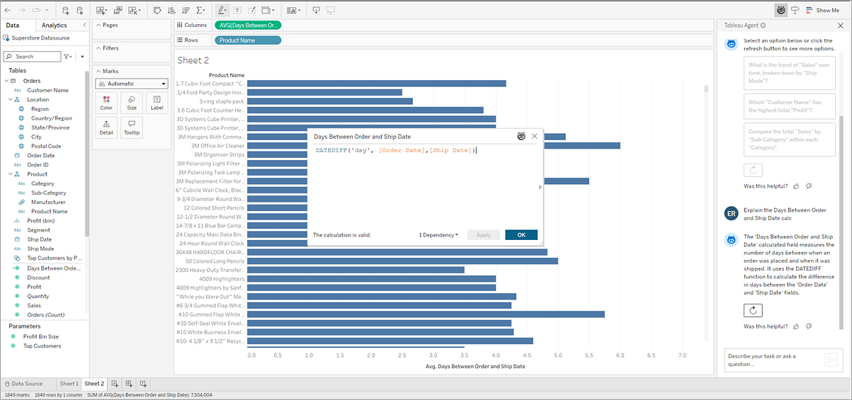 Tableau Agent-Konversationsbereich mit Beschreibung einer Berechnung.