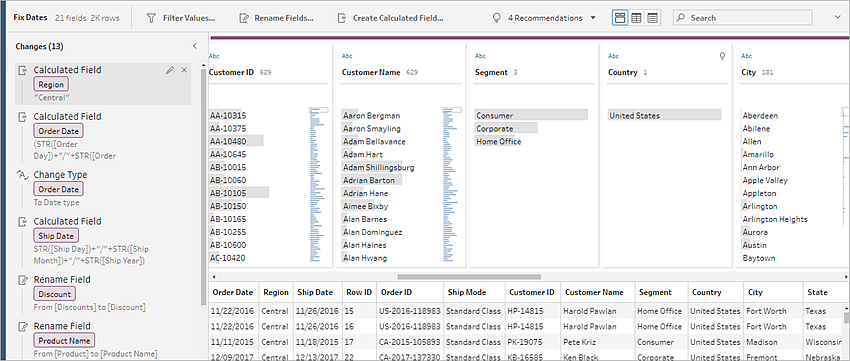 Der Bereich „Änderungen“ zeigt eine Liste aller in einem Tableau Prep-Schemaschritt vorgenommenen Änderungen.