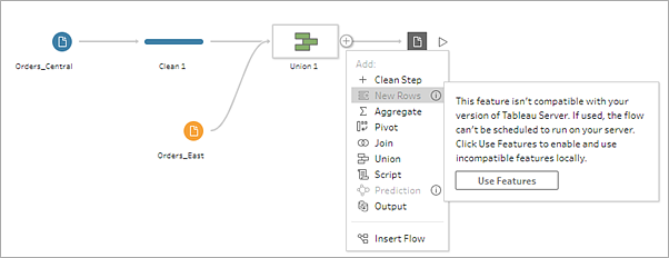 Eine Inkompatibilitätswarnmeldung zeigt an, dass das Schema in Tableau Prep mit einer Version von Tableau Server inkompatibel ist. 