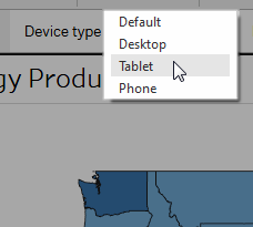 Tableau-Dashboard-Option für Gerätevorschau mit hervorgehobenem Tablet.