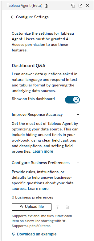 Tableau Agent-Bereich „Einstellungen konfigurieren“, in dem die Dashboard-F&A-Konfigurationsoptionen für geschäftliche Einstellungen angezeigt werden.