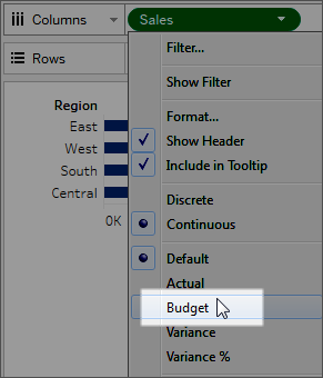 Ein Optionsmenü für das Feld „Umsatz“, wobei der Cursor über der Option „Budget“ schwebt.