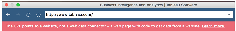 Fehlermeldung mit dem Text „Die URL verweist auf eine Website, nicht auf einen Webdaten-Connector – eine Webseite mit Code zum Abrufen von Daten von einer Website“ mit einem Link für weitere Informationen.