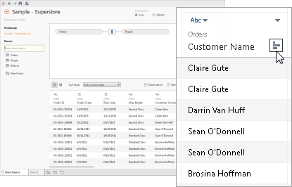 Eine Dropdown-Liste mit Kundennamen, alphabetisch aufsteigend sortiert.