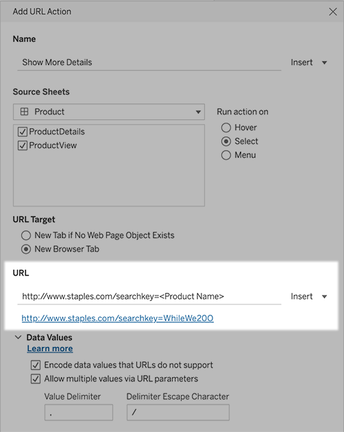 Ein Formular zum Hinzufügen einer URL-Aktion mit einem Beispiel mit Hyperlink.