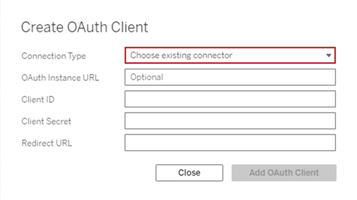 Ein Formular zum Erstellen eines OAuth-Clients, einschließlich Feldern für Verbindungstyp, OAuth-Instanz-URL, Client-ID, Client-Geheimnis und Umleitungs-URL.