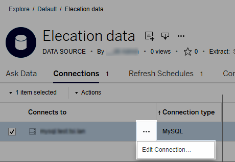 Liste der Datenquellenverbindungen mit einem erweiterten Dropdown-Menü, um die Option "Verbindung bearbeiten" anzuzeigen.