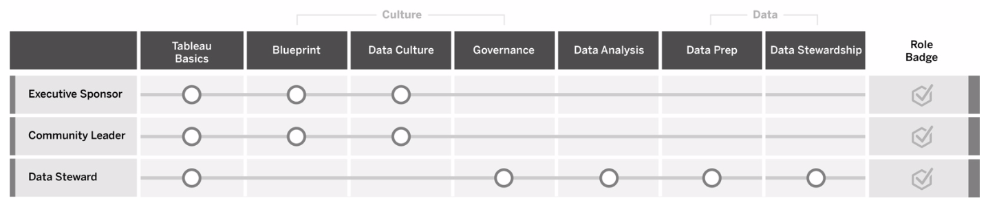 A diagram that shows the education roles for each organisational role required to establish a data culture in an organisation.