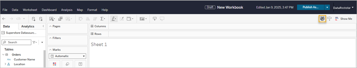 A blank Tableau worksheet with the Tableau Agent button highlighted