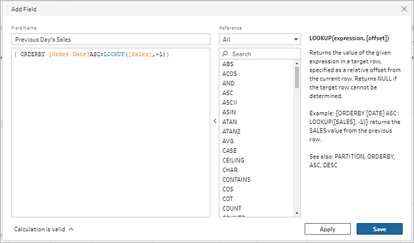 The Calculation Editor showing the calculation syntax to find the previous sales value by order date using the LOOKUP expression.
