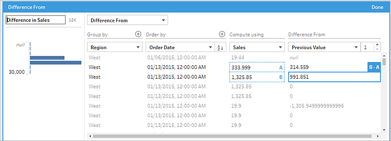 The Difference From dialog showing a preview of the calculation results.