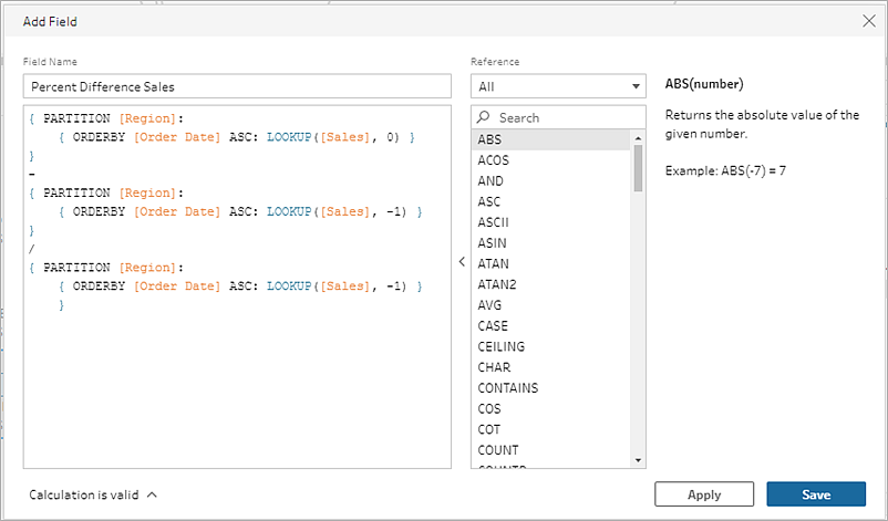 The Calculation Editor showing the calculation syntax to find the percent difference between current sales and previous days sales by region.
