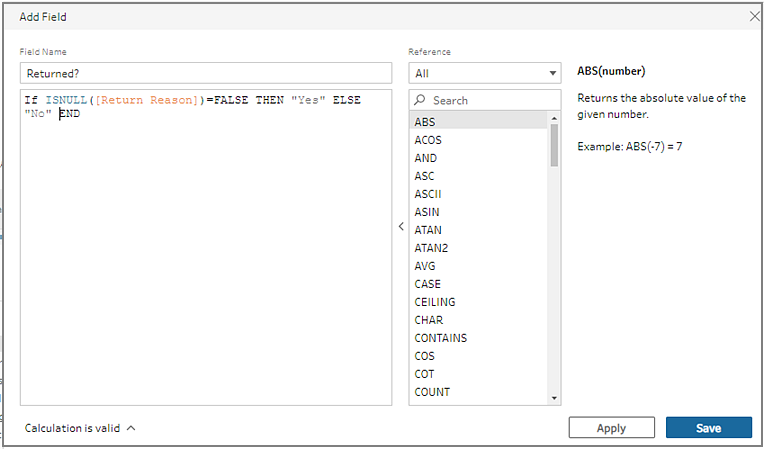 The Calculation Editor showing the calculation syntax to create a Boolean field labelled "Returned?" with "Yes" and "No" values.