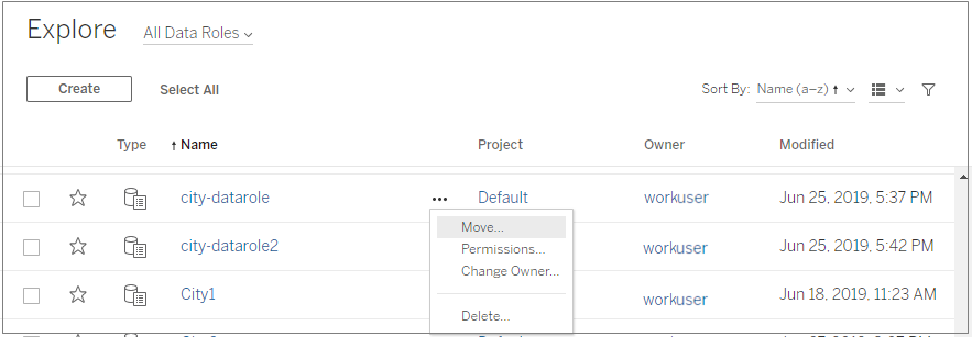 The Explore page showing a menu to view and manage your published custom data roles on Tableau Server and Tableau Cloud.