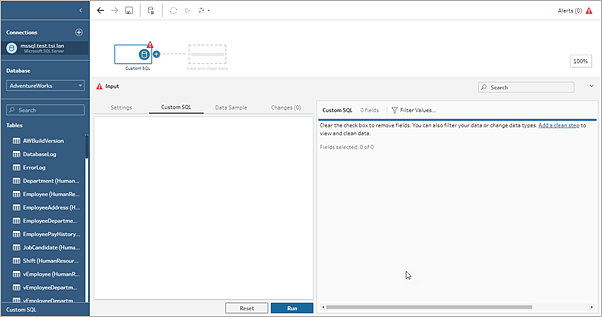 The custom SQL tab in a Tableau Prep flow input step where you can enter a SQL query to connect to data.