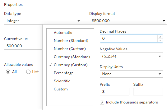 Properties window for customising the display format of numeric data.