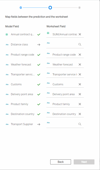 Add or change mappings by clicking in the search box next to a prediction field and selecting a name from the list of available worksheet fields or parameters.
