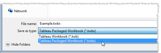 Option to save workbook as a Tableau Packaged Workbook.