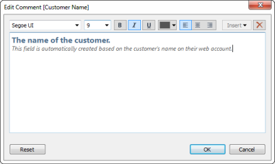 Edit Comment window for customer name, with an editable text field.