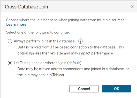 Cross-Database Joins setting with options to use Tableau or existing databases or to use Tableau only.