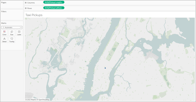 A map of New York City with a single blue dot representing a taxi pickup location.