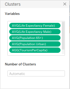 The Clusters dialog lists variables and a setting for the number of clusters.
