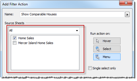 Portion of the Add Filter Action dialog box with the Source Sheets options highlighted.