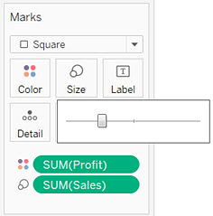 A menu with options for colour, size, label, detail and a slider. There are two buttons labelled "SUM(Profit)" and "SUM(Sales)".