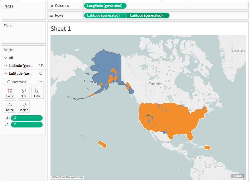 A dual axis map of the United States. One with the Mark type Map, and the other with the Mark type Automatic.
