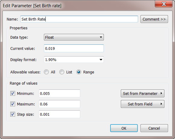 An edit parameter pane with options to name the parameter and set properties and range of values.