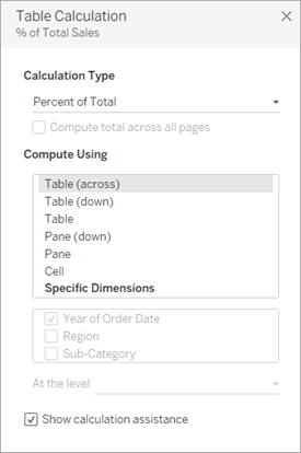 A table calculation menu for calculating the percentage of total sales.