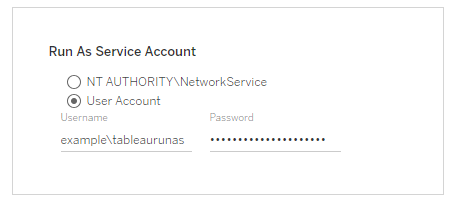 Run as service account setup dialog.