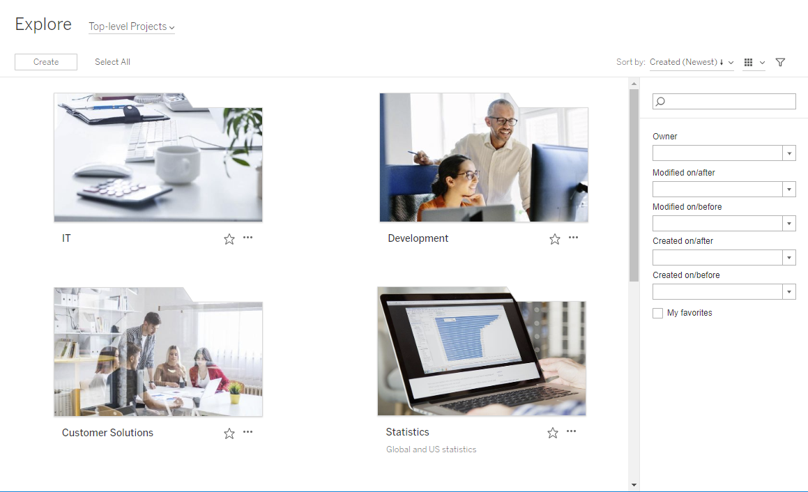 Custom Explore page with projects sorted into IT, Development, Customer Solutions and Statistics.