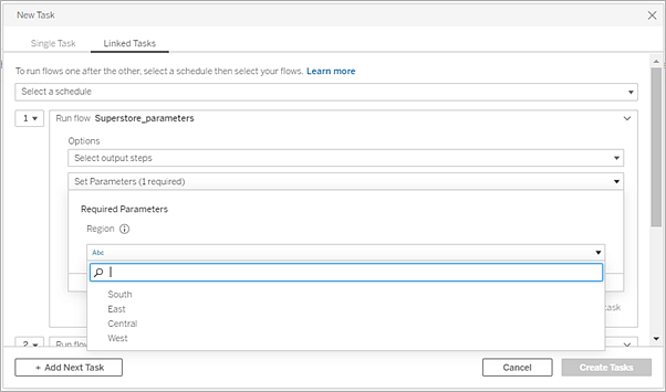 The "New Task" dialog box with the “Linked Task” tab selected. The “Required Parameter” option is open.