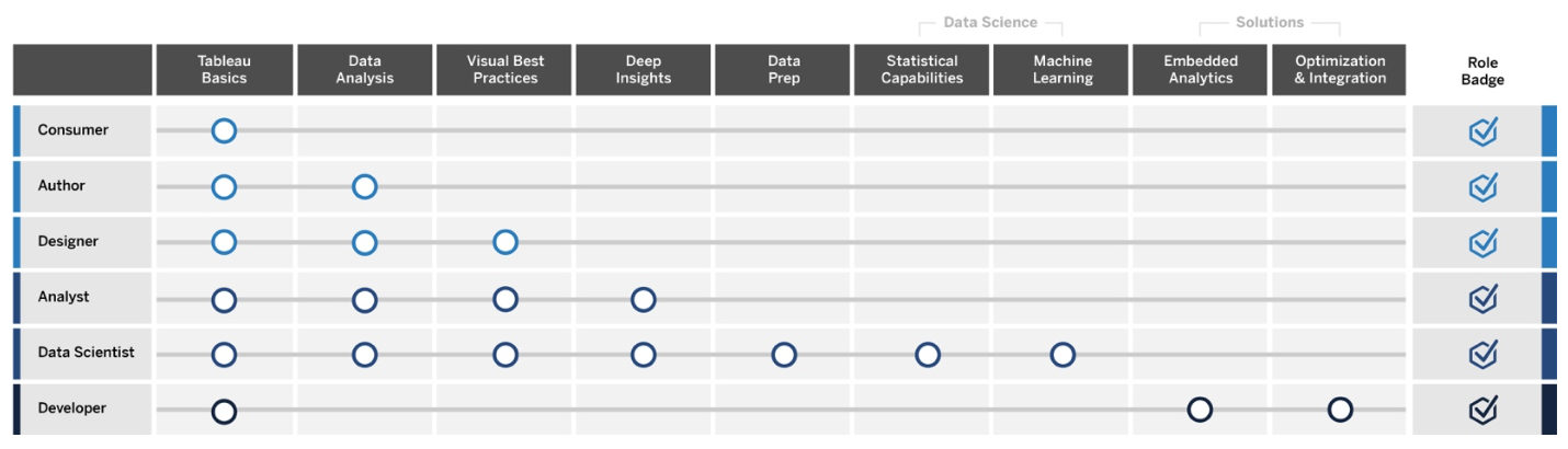 A diagram that shows the education roles for each organizational role required to provide insights and develop visualization solutions.