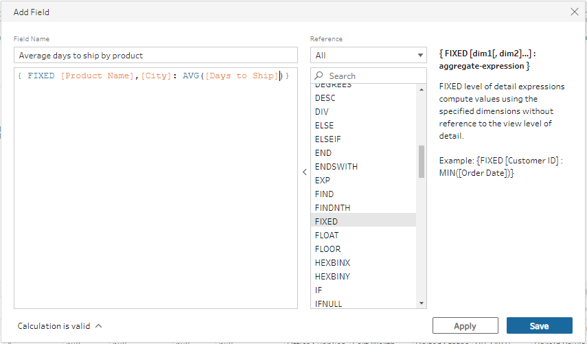 The Calculation Editor dialog showing the calculation syntax to calculate the average days to ship by product.