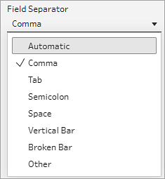 The field separator drop-down list in a Tableau Prep Input step.