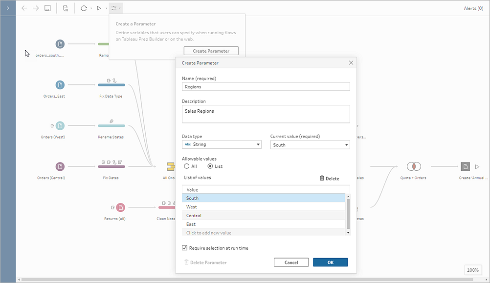 Tableau Prep Builder with the "Create Parameter" dialog open. A parameter called "Regions" is being created.