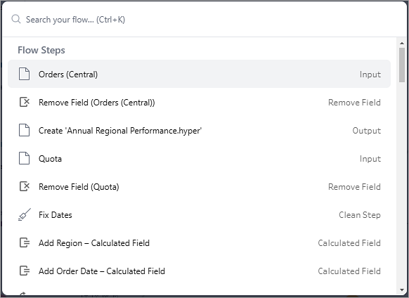 in Tableau Prep, keyword search results when searching in a flow.