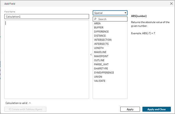 The calculation editor dialog showing Spatial calculation options.