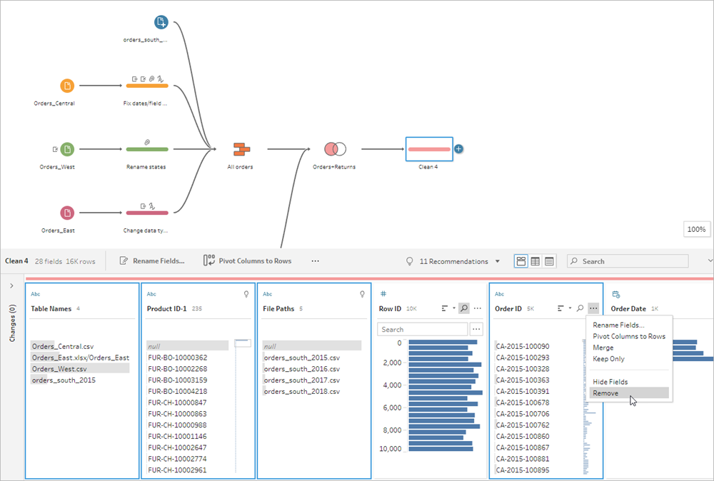 A Tableau Prep flow showing several profile cards selected with the More Options menu open and the Remove option highlighted.