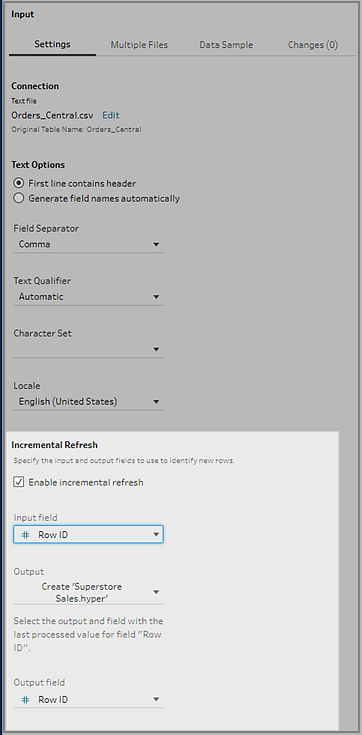 Input step settings with Incremental Refresh section highlighted. 
