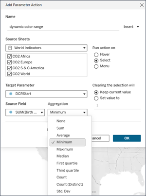 Add a parameter action dialog with a dynamic color range set to a continuous field.