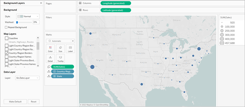 A point map of the United States with sales data by state encoded in the Mark size and the Background Layer pane showing.