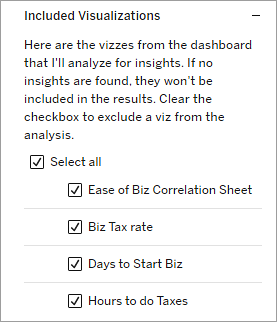 Tableau Agent Configuration Settings pane showing the options to include or exclude visualizations.