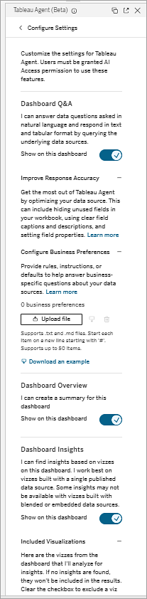 Tableau Agent Configure Settings pane when opened from a dashboard.