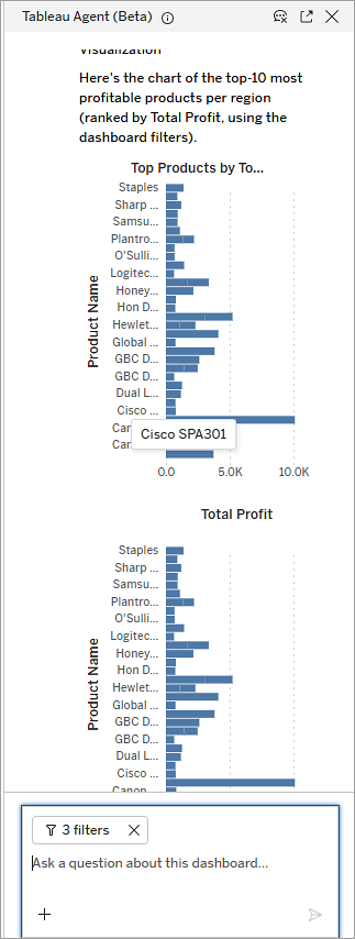 Tableau Agent pane showing a visualization in the response window.