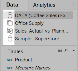 The Data pane highlighting icons to indicate whether a data source is relational, cube (multidimensional), or an extract.
