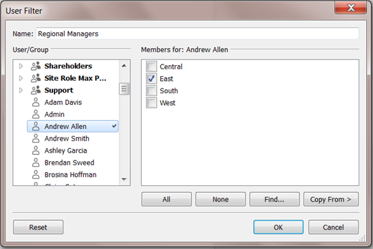 A user filter dialog box with a list of users and a region selection section.