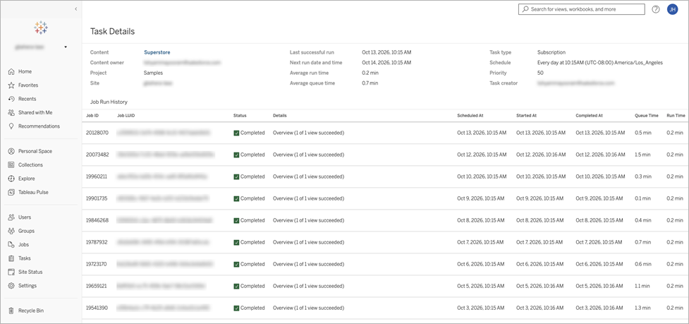 A Task Details page displaying task settings and a job run history table.